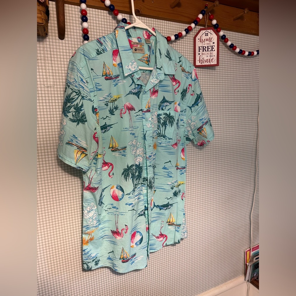Haggar Blue and Pink Casual Button Down Shirt